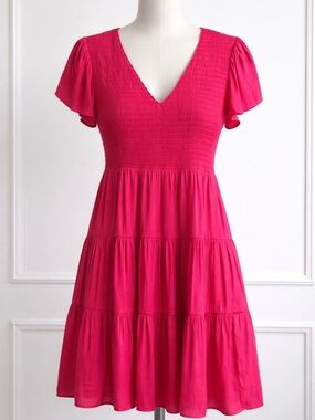 Naked Zebra Hot Pink Smocked V-Neck Tiered Dress